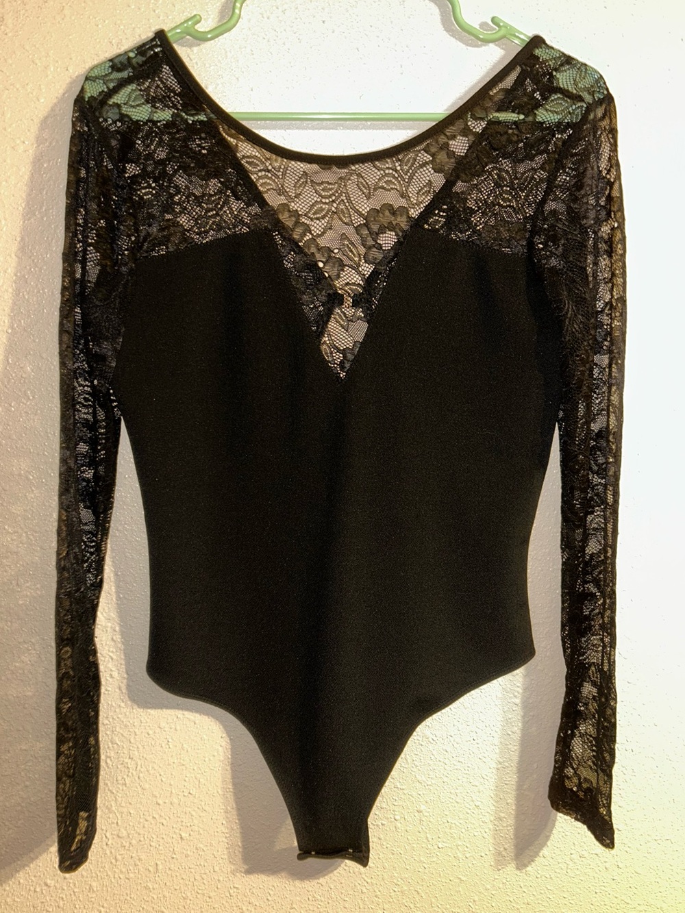Dynamite Black Lace Sheer Long Sleeve V-Neck Inset Bodysuit Size Medium